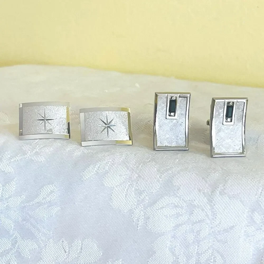 2 Pair Vtg Cufflinks (1) SWANK Rhinestone Silver Tone Jewelry Accessories
